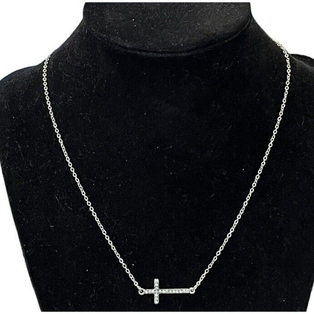 Silver Tone Sideways Cross Necklace Rhinestones 18” Religious Dainty New Gift